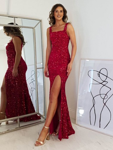 Achat Bordeaux Fourreau Col Carré Paillettes Velours Longue Robes de bal
