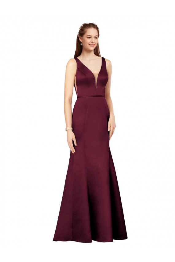 Achat Bordeaux Fourreau Col V Satiné Longue Formelles Robes demoiselle d'honneur / Robes de soirée / Robes de bal