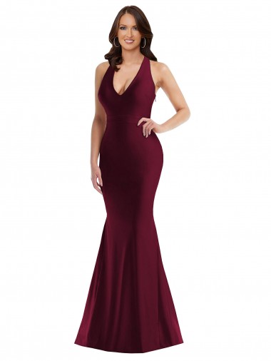 Achat Bordeaux Sirène Col V Satiné Soyeux Longue Formelles Robes demoiselle d'honneur / Robes de soirée / Robes de bal