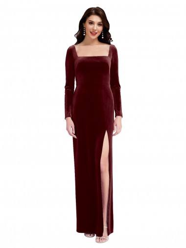 Achat Bordeaux Trapèze Bretelles spaghetti Col Carré Velours Stretch Longue Robes demoiselle d'honneur / Robes de bal