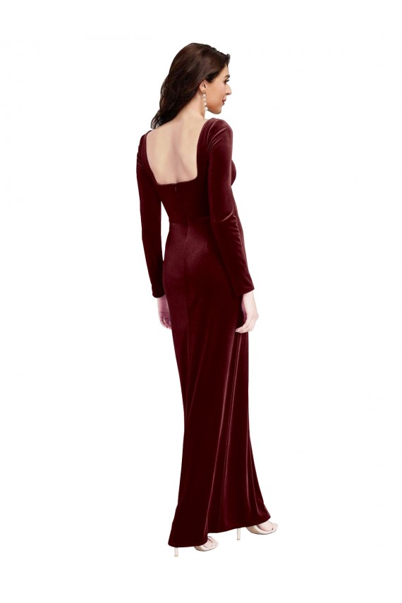Achat Bordeaux Trapèze Bretelles spaghetti Col Carré Velours Stretch Longue Robes demoiselle d'honneur / Robes de bal