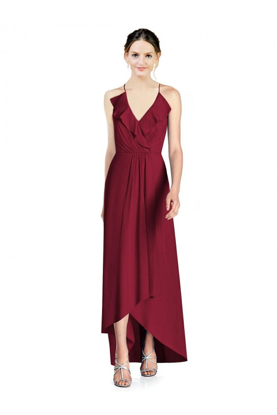 Achat Bordeaux Trapèze Bretelles spaghetti Col V Mousseline Longue Asymétrique Robes demoiselle d'honneur
