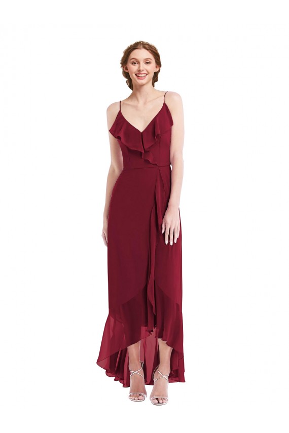Achat Bordeaux Trapèze Bretelles spaghetti Col V Mousseline Longue Asymétrique Robes demoiselle d'honneur