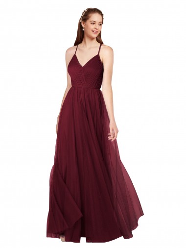 Achat Bordeaux Trapèze Bretelles spaghetti Col V Tulle Longue Robes demoiselle d'honneur