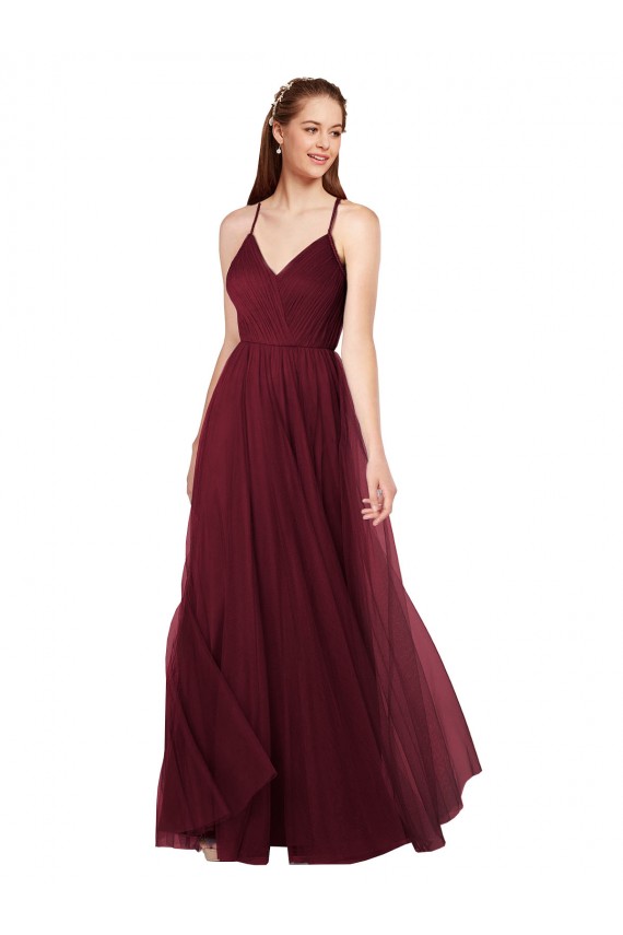 Achat Bordeaux Trapèze Bretelles spaghetti Col V Tulle Longue Robes demoiselle d'honneur