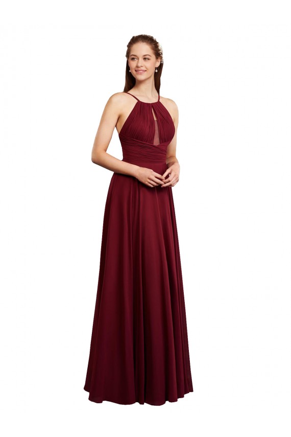 Achat Bordeaux Trapèze Bretelles spaghetti Mousseline Longue Robes demoiselle d'honneur