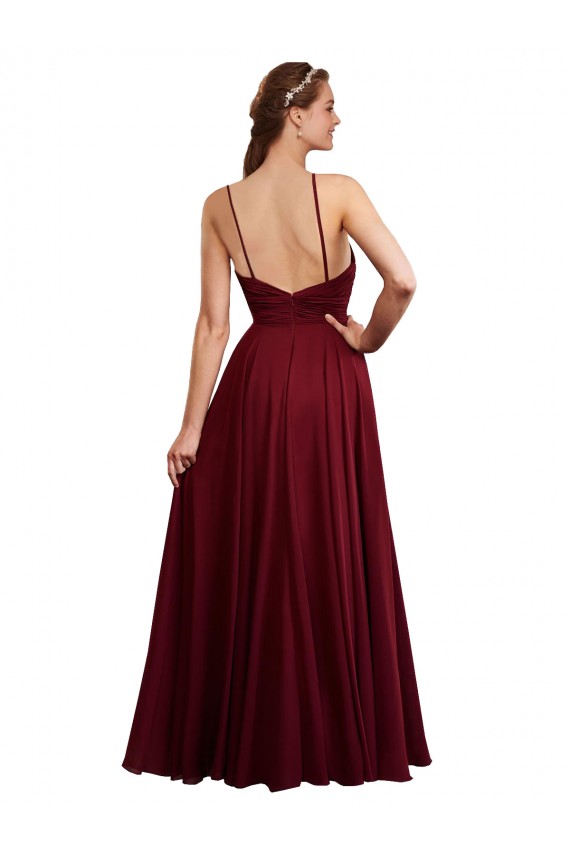 Achat Bordeaux Trapèze Bretelles spaghetti Mousseline Longue Robes demoiselle d'honneur