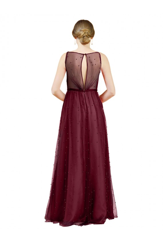 Achat Bordeaux Trapèze Col Bateau Tulle Longue Robes demoiselle d'honneur