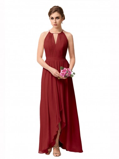 Achat Bordeaux Trapèze Col Haut Mousseline Longue Asymétrique Robes demoiselle d'honneur