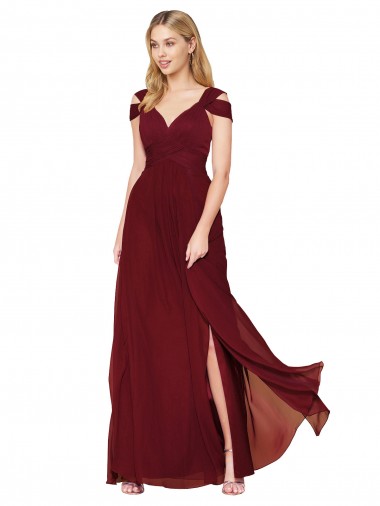 Achat Bordeaux Trapèze Col Haut Mousseline Longue Formelles Robes demoiselle d'honneur / Robes de soirée / Robes de bal