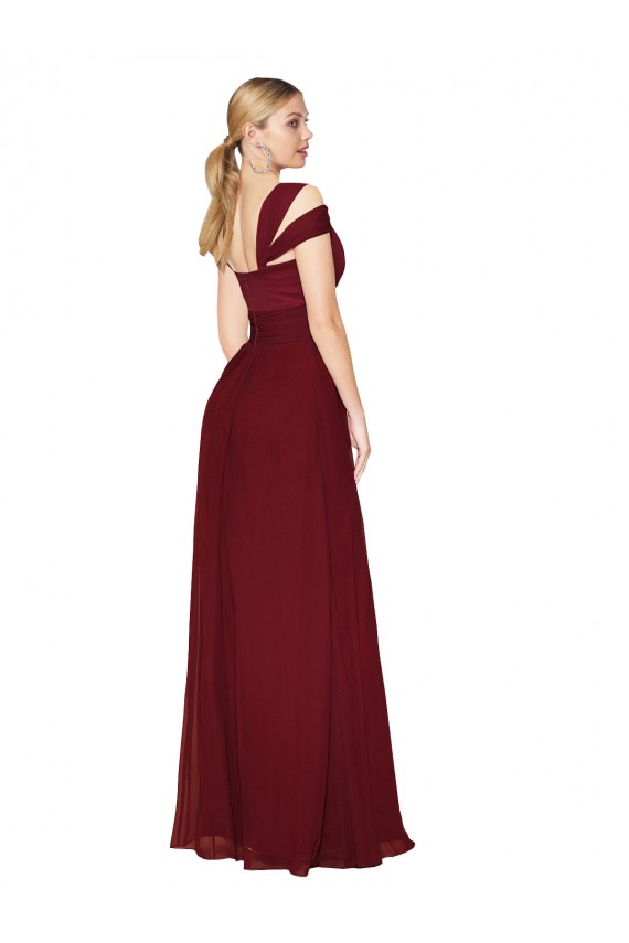 Achat Bordeaux Trapèze Col Haut Mousseline Longue Formelles Robes demoiselle d'honneur / Robes de soirée / Robes de bal