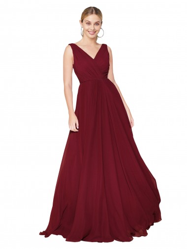 Achat Bordeaux Trapèze Col V Mousseline Longue Formelles Robes demoiselle d'honneur / Robes de soirée / Robes de bal