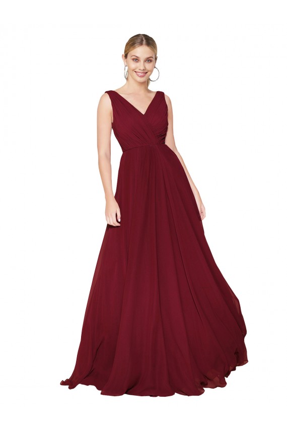 Achat Bordeaux Trapèze Col V Mousseline Longue Formelles Robes demoiselle d'honneur / Robes de soirée / Robes de bal