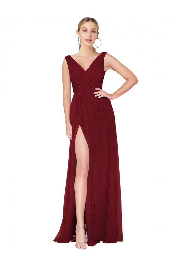Achat Bordeaux Trapèze Col V Mousseline Longue Formelles Robes demoiselle d'honneur / Robes de soirée / Robes de bal