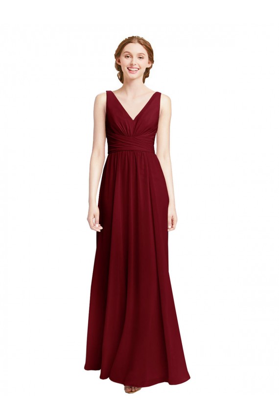 Achat Bordeaux Trapèze Col V Mousseline Longue Robes demoiselle d'honneur