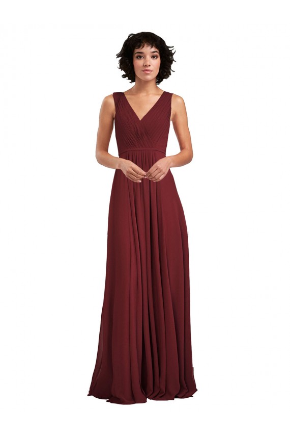 Achat Bordeaux Trapèze Col V Mousseline Longue Robes demoiselle d'honneur