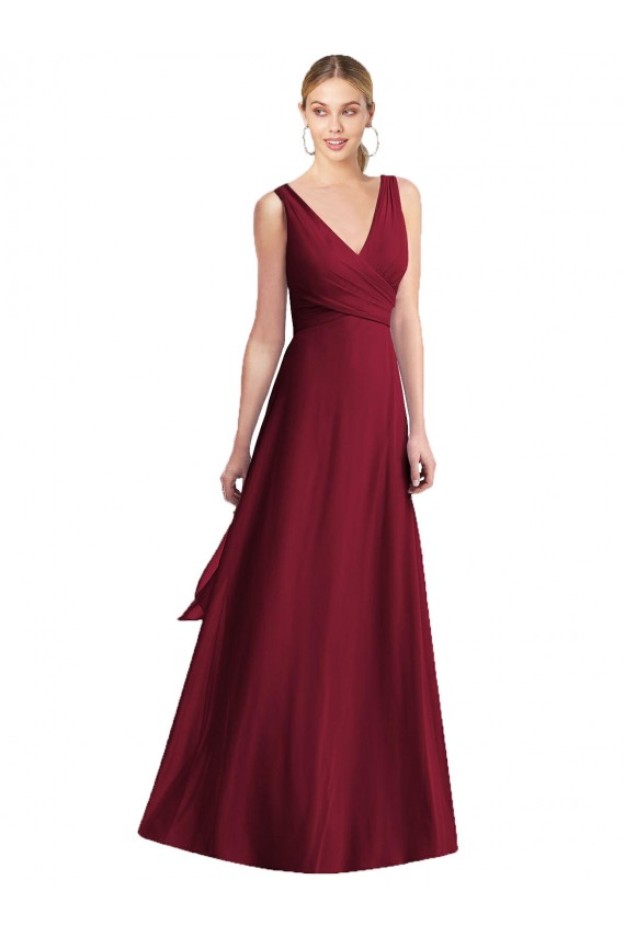 Achat Bordeaux Trapèze Col V Mousseline Longue Robes demoiselle d'honneur