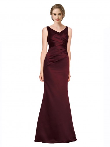 Achat Bordeaux Trapèze Col V Satiné Longue Formelles Robes demoiselle d'honneur / Robes de soirée / Robes de bal