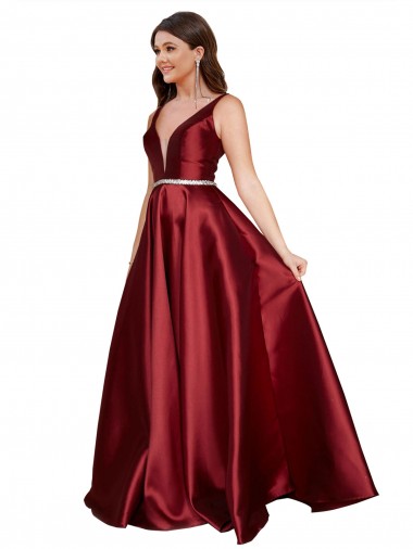 Achat Bordeaux Trapèze Col V Satiné Longue Formelles Robes demoiselle d'honneur / Robes de soirée / Robes de bal