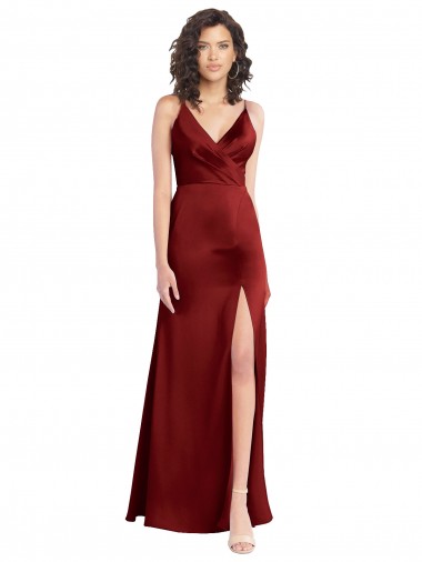 Achat Bordeaux Trapèze Col V Satiné Stretch Longue Formelles Robes demoiselle d'honneur / Robes de soirée / Robes de bal