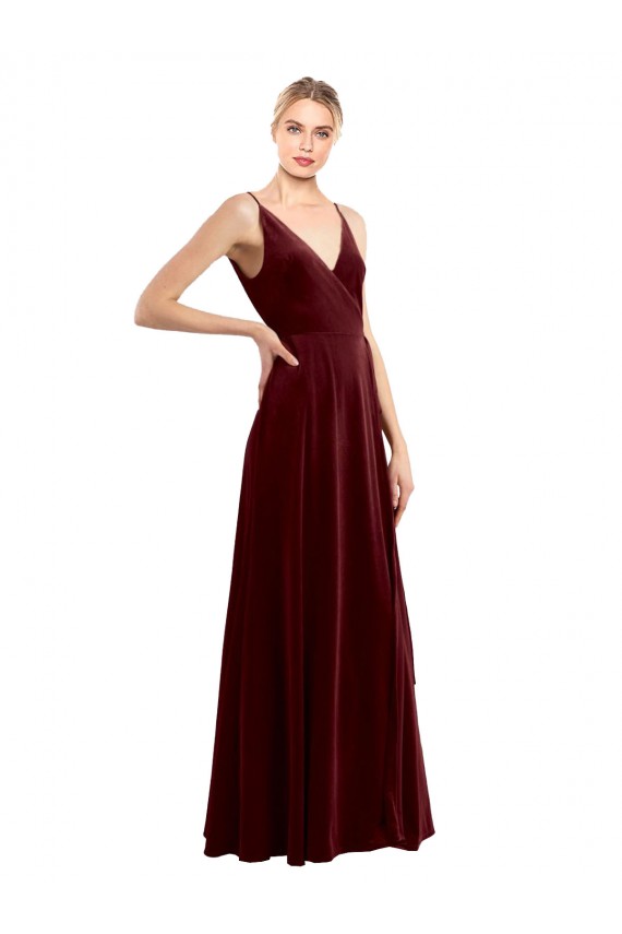 Achat Bordeaux Trapèze Col V Velours Stretch Longue Formelles Robes demoiselle d'honneur / Robes de soirée / Robes de bal