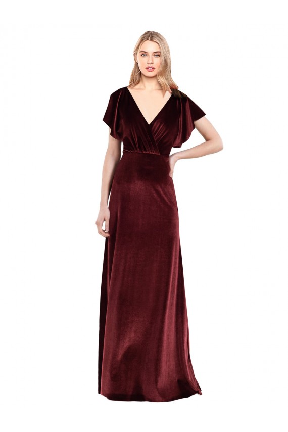 Achat Bordeaux Trapèze Col V Velours Stretch Longue Robes demoiselle d'honneur / Robes de bal