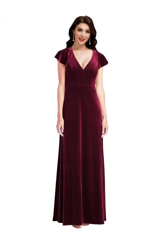 Achat Bordeaux Trapèze Col V Velours Stretch Longue Robes demoiselle d'honneur / Robes de bal