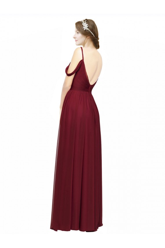 Achat Bordeaux Trapèze Épaule Dénudée Bretelles spaghetti Mousseline Longue Robes demoiselle d'honneur