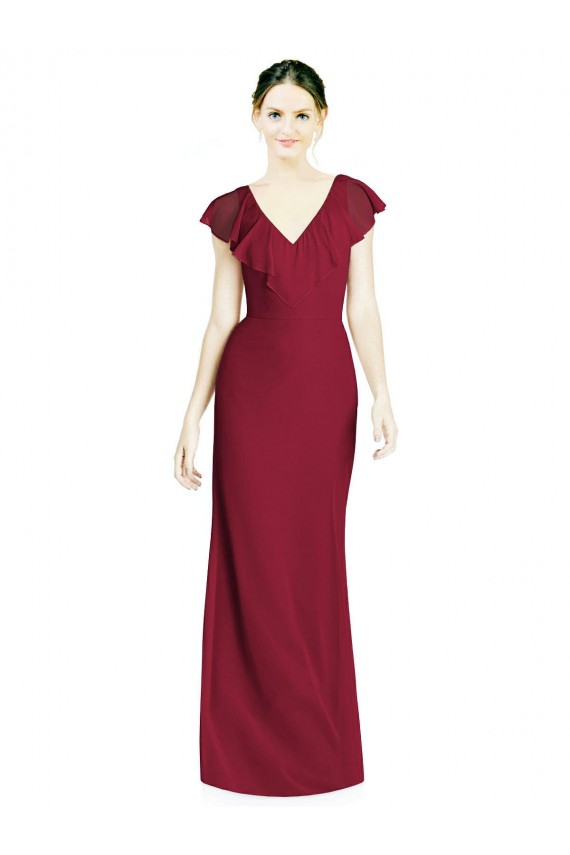 Achat Bordeaux Trompette Col V Mousseline Longue Robes demoiselle d'honneur