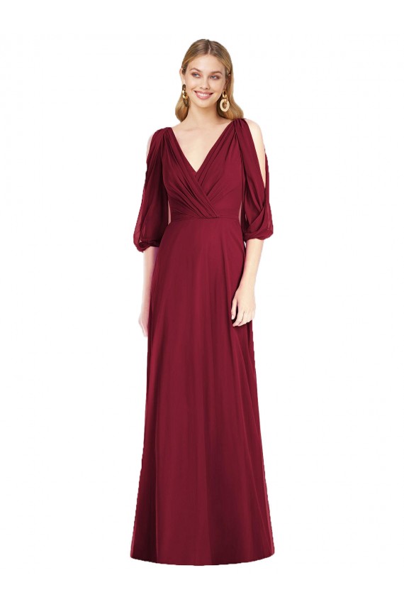 Achat Bordeaux Trompette Col V Mousseline Longue Robes demoiselle d'honneur