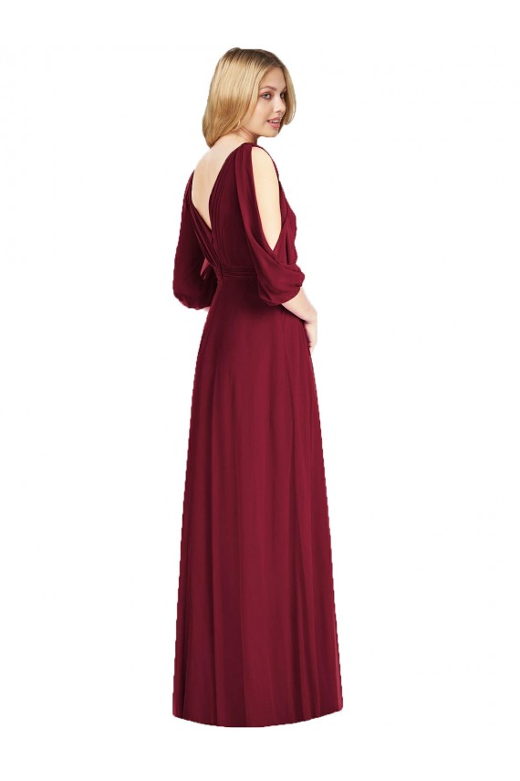 Achat Bordeaux Trompette Col V Mousseline Longue Robes demoiselle d'honneur