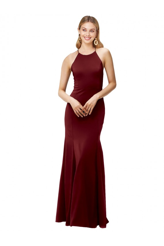 Achat Bordeaux foncé Sirène Licou Col Haut Crêpe Stretch Longue Formelles Robes demoiselle d'honneur / Robes de soirée / Robes de bal