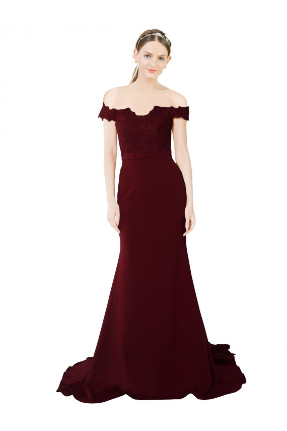 Achat Bordeaux foncé Sirène Épaule Dénudée Balayage train Crêpe Stretch Dentelle Longue Formelles Robes demoiselle d'honneur / Robes de soirée / Robes de bal