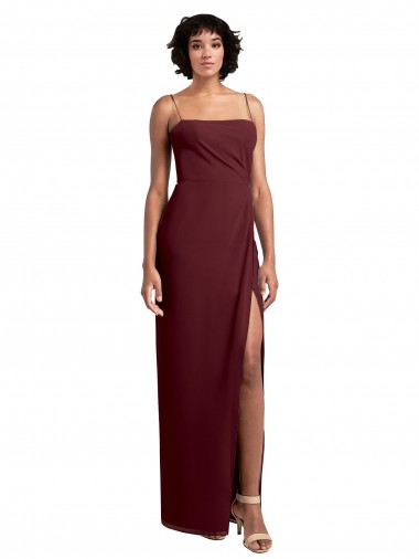 Achat Bordeaux foncé Trapèze Bretelles spaghetti Col Carré Mousseline Longue Robes demoiselle d'honneur