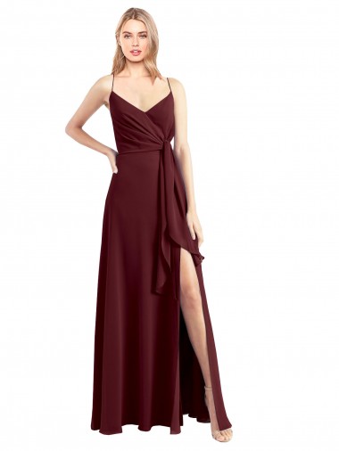 Achat Bordeaux foncé Trapèze Bretelles spaghetti Col V Mousseline Longue Robes demoiselle d'honneur