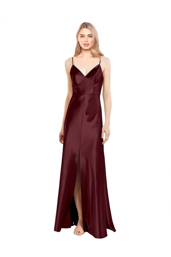 Achat Bordeaux foncé Trapèze Bretelles spaghetti Col V Satiné Stretch Longue Formelles Robes demoiselle d'honneur / Robes de soirée / Robes de bal