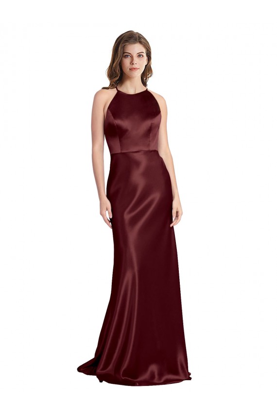 Achat Bordeaux foncé Trapèze Bretelles spaghetti Col V Satiné Stretch Longue Formelles Robes demoiselle d'honneur / Robes de soirée / Robes de bal