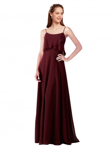 Achat Bordeaux foncé Trapèze Bretelles spaghetti Mousseline Longue Robes demoiselle d'honneur