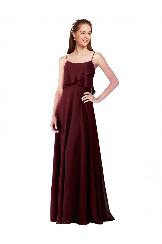 Achat Bordeaux foncé Trapèze Bretelles spaghetti Mousseline Longue Robes demoiselle d'honneur