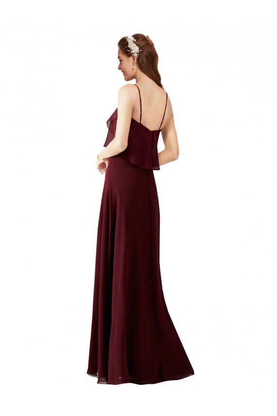 Achat Bordeaux foncé Trapèze Bretelles spaghetti Mousseline Longue Robes demoiselle d'honneur