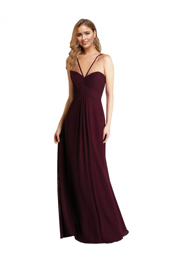Achat Bordeaux foncé Trapèze Bretelles spaghetti Mousseline Longue Robes demoiselle d'honneur