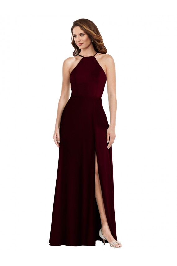 Achat Bordeaux foncé Trapèze Bretelles spaghetti Mousseline Longue Robes demoiselle d'honneur
