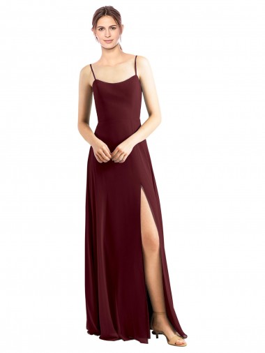 Achat Bordeaux foncé Trapèze Bretelles spaghetti Scoop Mousseline Longue Robes demoiselle d'honneur