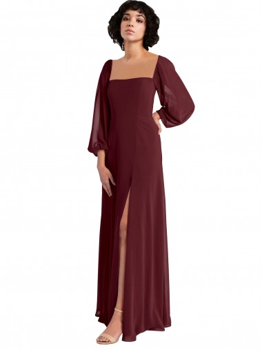 Achat Bordeaux foncé Trapèze Col Carré Mousseline Longue Robes demoiselle d'honneur