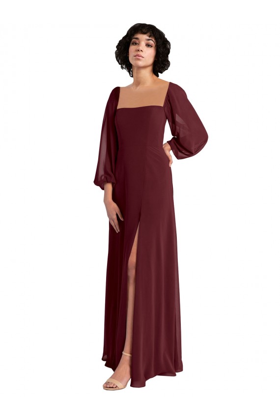 Achat Bordeaux foncé Trapèze Col Carré Mousseline Longue Robes demoiselle d'honneur
