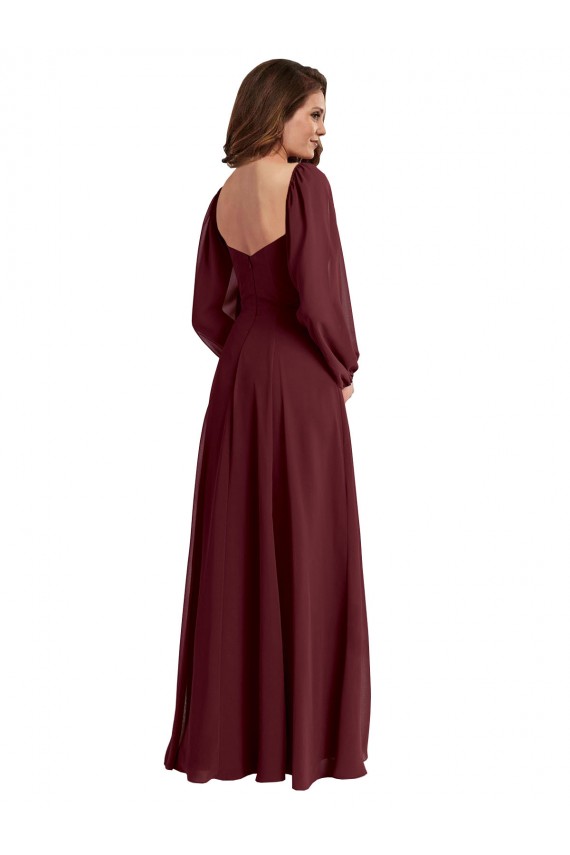 Achat Bordeaux foncé Trapèze Col Carré Mousseline Longue Robes demoiselle d'honneur