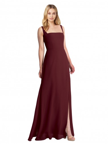 Achat Bordeaux foncé Trapèze Col Carré Mousseline Longue Robes demoiselle d'honneur