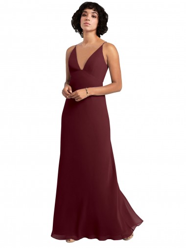 Achat Bordeaux foncé Trapèze Col V Mousseline Longue Robes demoiselle d'honneur