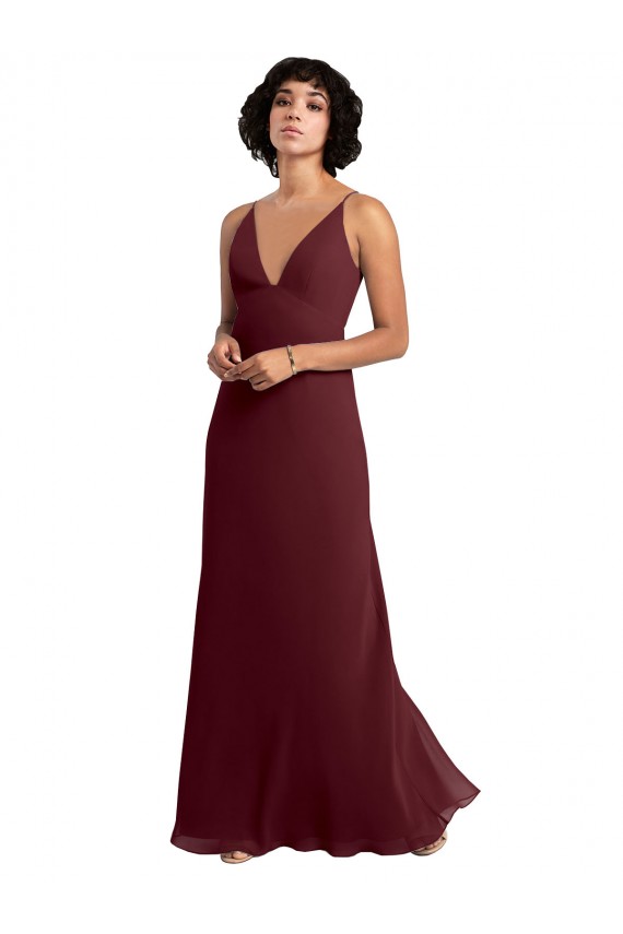 Achat Bordeaux foncé Trapèze Col V Mousseline Longue Robes demoiselle d'honneur