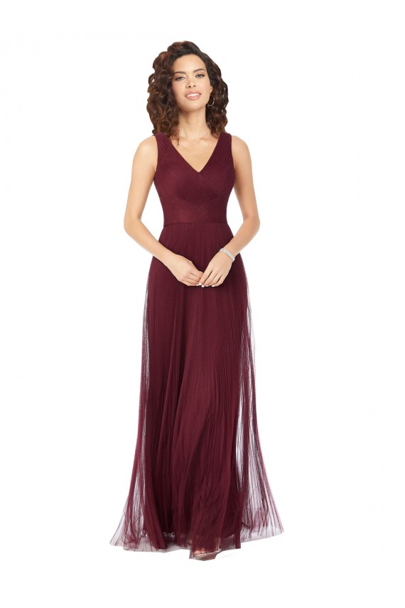 Achat Bordeaux foncé Trapèze Col V Tulle Longue Robes demoiselle d'honneur